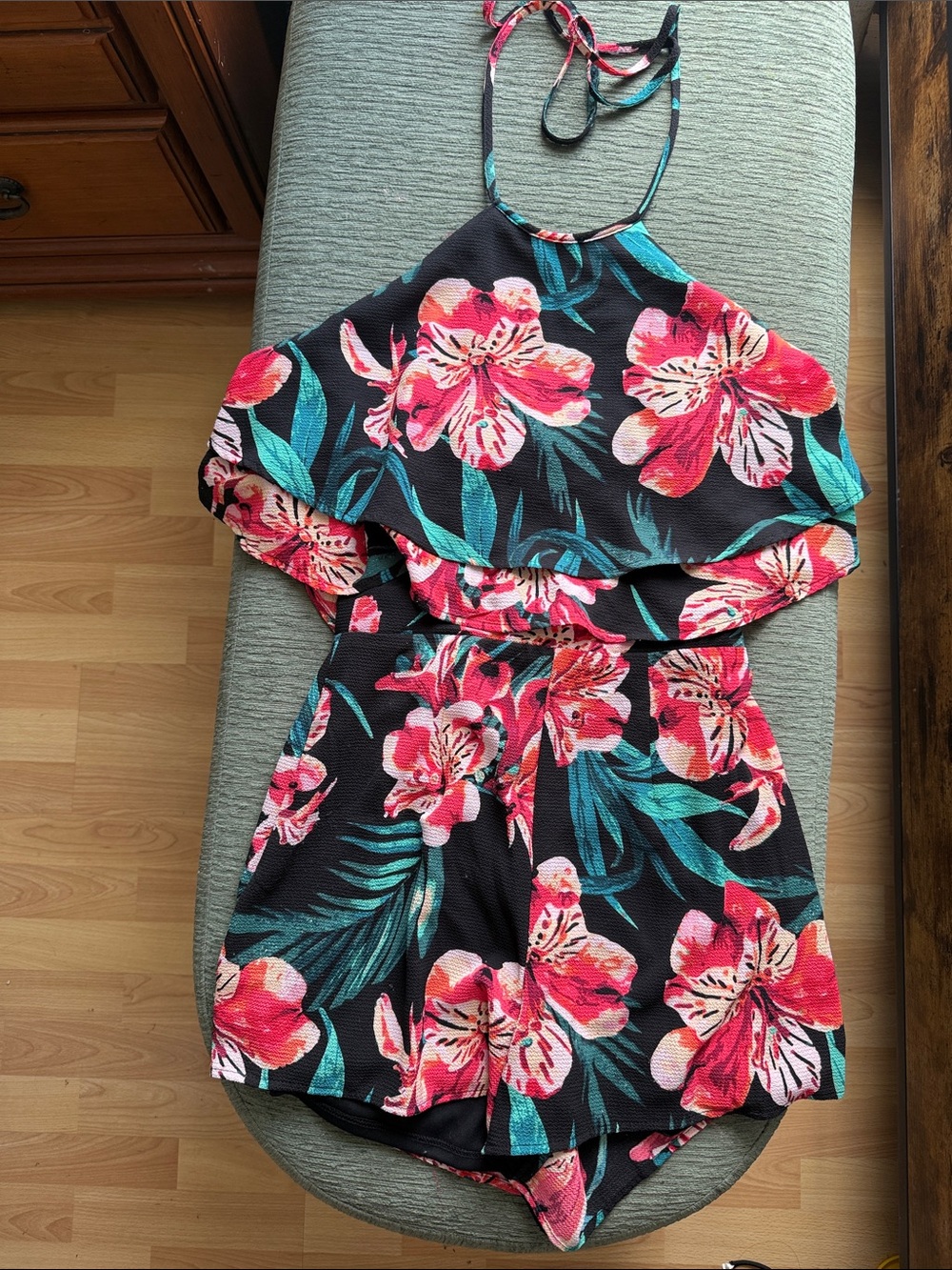 Floral Halter Romper in Black with Pink Tropical Blooms